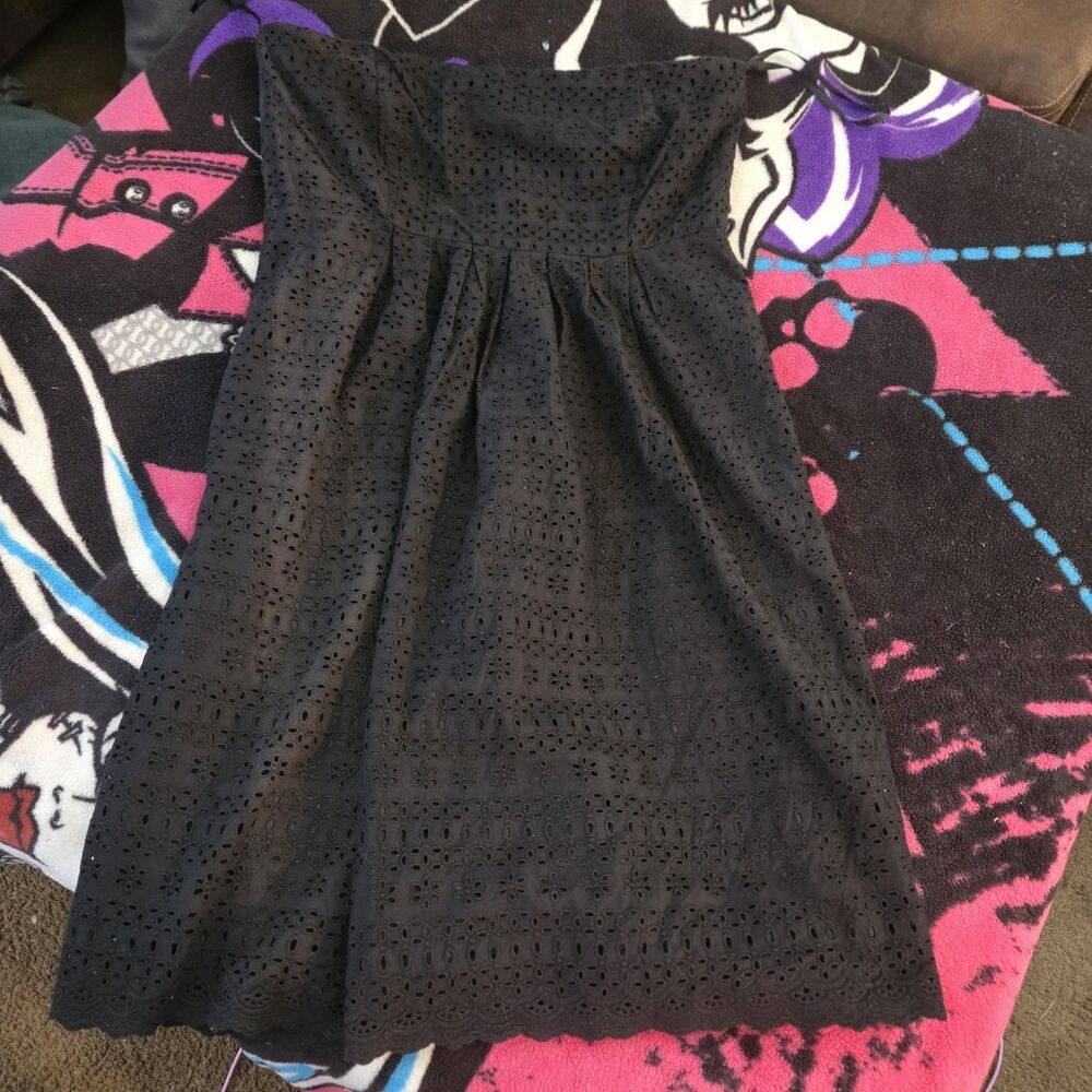 Vintage Molly B Black Eyelet Strapless Midi Dress Cottagecore Coquette Size 12